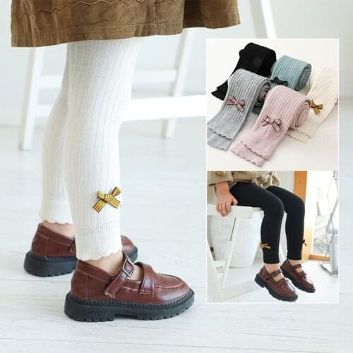 Infant Girls Leggings Cotton Korean Bow Ribbed Tights For Children Solid Color Soft Comfortable Elastic Leggins Autumn New 2021