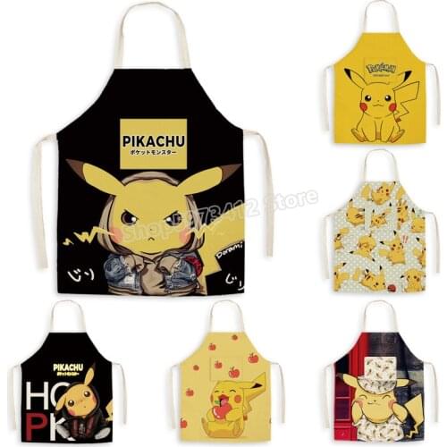 Pikachu Linen Apron Household Kitchen Cooking Housework Adult Pikachu Men Women Aprons Kitchen Accessories Maid Baking Shies