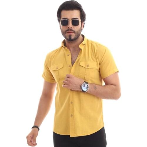 100 COTTON DOUBLE POCKET COVER DÜĞMELİ COLLAR SLYM FİT SHORT-SLEEVE ORANGE MEN 'S SHIRT