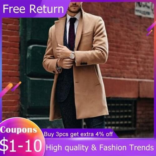 Woolen Coat Solid Color 2021 Autumn Winter New Men Long Sleeve Single Breasted Lapel Fashion Design Temperament Commute