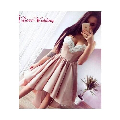 New Fashion Sweetheart Lace Applique Pink Satin Asymmetical Skirt Cheap Long Prom Dresses