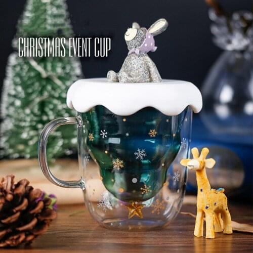 NEW Christmas CupTransparent Double Wall Glass Cups and Mugs with Lid Christmas Tree Milk Tea Mug Kids Christmas Gift Drinkware