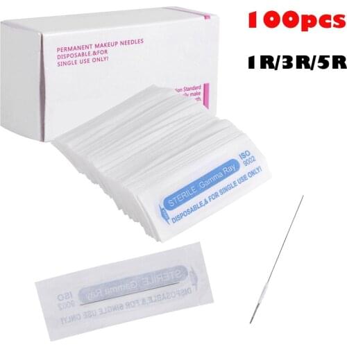 100Pcs 1R/3R/5R Stainless Steel Disposable Sterilized Tattoo Needles for Eyebrow Tattoo Microblading Pen Machine Tattoo Supplies