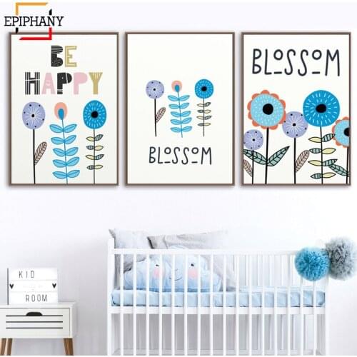 Scandinavian Flower Print Botanical Baby Nursery Decor Be Happy Quote Canvas Painting Minimal Art Kids Girls Bedroom Decoration