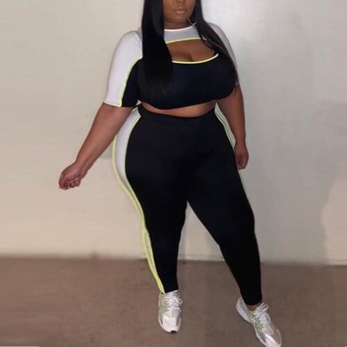 Plus Size Sets Matching Bodycon Outfits Tops & Pencil Pants Hollow Out Patchwork Evening Club Sexy 2 Pieces Sets 2021 Summer New