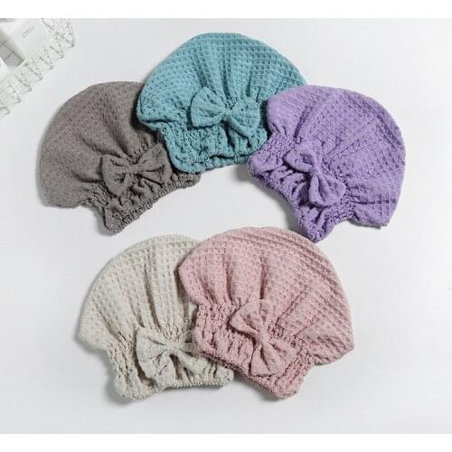 High Quality Soft Waffle Bow Shower Cap Strong Absorbent Dry Hair Cap Towel