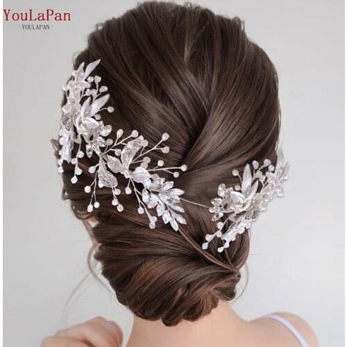 YouLaPan HP272 Silver Color Headband Alloy Leaf Bridal Hair Accessories Handmade Rhinestone Tiara Crystal Pearl Headpiece