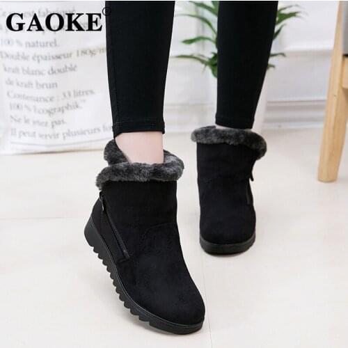 Womens Snow Boots Warm Short Fur Plush Winter Ankle Boot Plus Size Platform Ladies Suede Zip Shoes Female