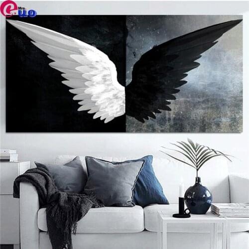 DIY Diamond Embroidery Black And White Angel Wings Full Square Round Diamond Painting Cross Stitch Kit Mosaic Sticker Large Size