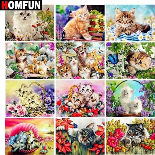 HOMFUN 5D Diamond Pattern Rhinestone Needlework Diy Diamond Painting Cross Stitch "Animal cat flower" Diamond Embroidery