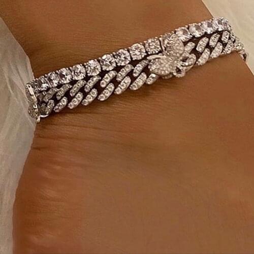 Hip hop Rhinestones Butterfly Chunky Metal Cuban Link Anklets Chain Jewelry For Women Iced Out Miami Cuban Anklet Party Jewelry
