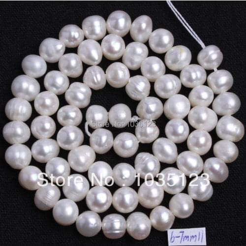 High Quality 6-7mm Natural White Freshwater Cultured Pearl Oval Shape Loose Beads Strand 15"