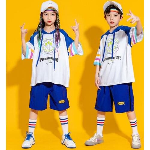 Kids Short Sleeved Hoodies Shorts Summer Boys Girls Hip Hip Dance Costume Jazz Performance Stage Outfit Modern Rave Wear BL5958