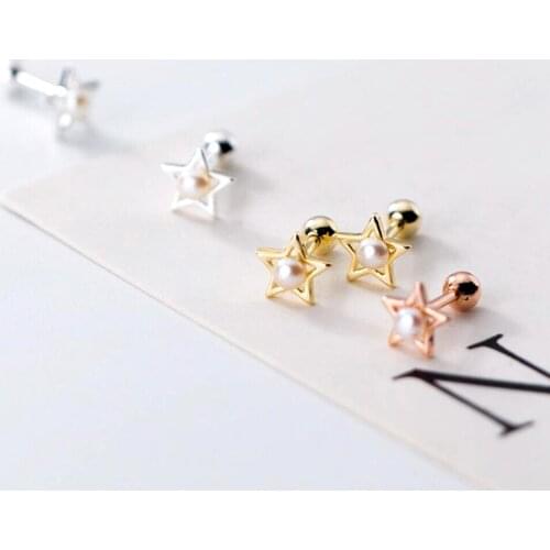 Women Girls TINY 5.8mm Star Sterling Silver Pearl Screw Back Stud Earrings A1842