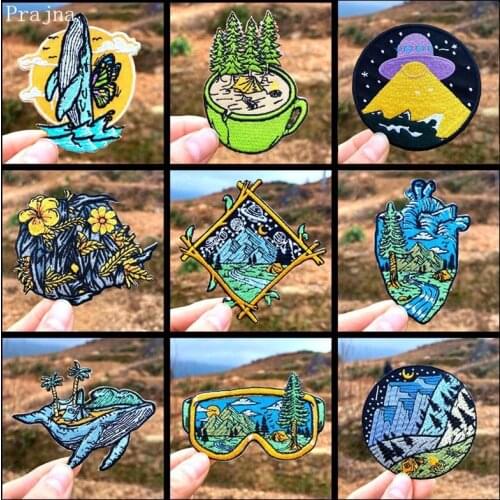Natural Patch Outdoor Adventure Patches For Clothes Applique Natural landscape Embroidered Patches Iron On Mountain Stripe Badge