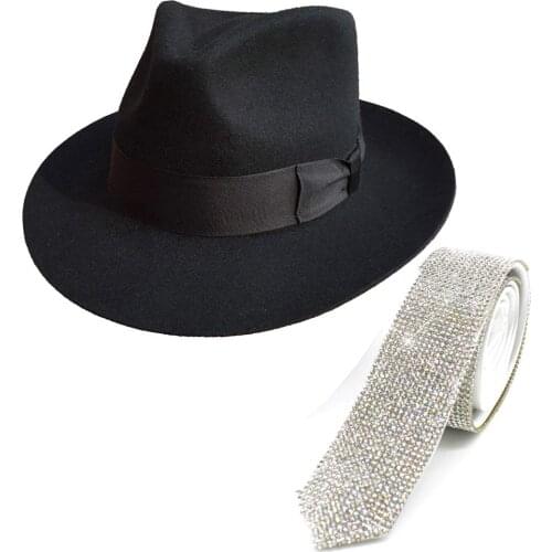 MJ Michael Jackson Fedora Hat with Laser Crystal Rhinestone Necktie Party Performance Collection