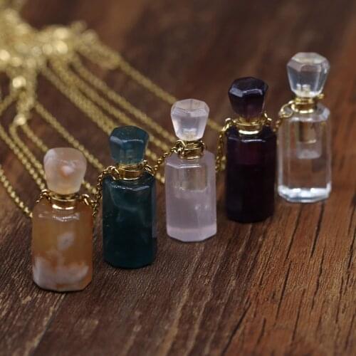 Natural Stone Quartzs Crystal Amethysts Pendant Necklace Stainless Steel Perfume Bottle for Women Trendy Necklace Jewelry Gift