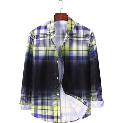 New Mens Plaid Gradient Long Sleeved Casual Shirt Bluse Korean Style Clothes Camisa Xadrez Masculina Vestidos Casuales