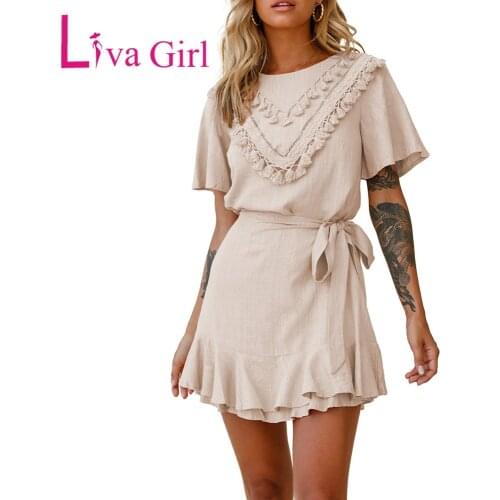 Liva Girl Woman Casual Tassel Bust Wrap Bottom Mini Dress 2021 Summer Short Sleeve Lace Solid Skirt Female Hollow Out Dresses XL