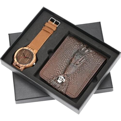 Simple Wood Watch for Men Pu Leather Mens Wallets Crocodile Pattern Business Men Wallet Coin Purse Money Bag Credit Card Holder