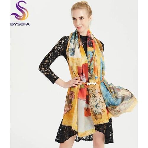 [BYSIFA] New Oil Painting Wool Cashmere Scarves Women Fashion Country Style 100% Wool Long Scarf Shawl Winter Thick Warm Scarves