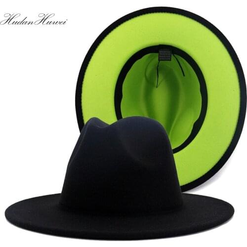 High Quality New Fashion European American Jazz Autumn Winter Black Lime Green Patchwork Church Party Women Men Fedora Hat L XL
