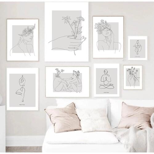 Nordic Abstract Women Line Drawing Prints Posters Modern Figure Yoga Canvas Painting Wall Art Bedroom Flower Girl Wall Picture