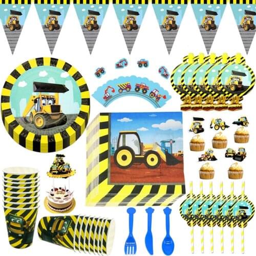 Construction Vehicles Cars Theme Birthday Party Supplies Plates Cups Flags Napkin Disposable Tableware Kids Favors Party Decor