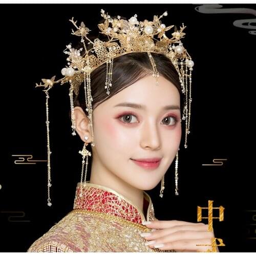 2019 new antique Chinese gold round bride tiara show red antique hair decoration wedding hair accessories