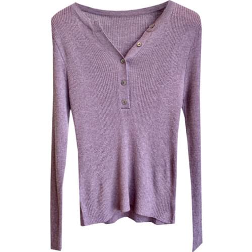 Wool Henley Sweater Rib Knitted Sweaters Women Basic Pullover Tops