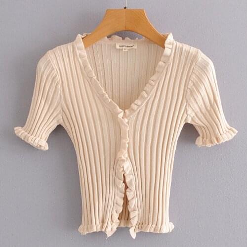Womens New Slim Fitting Fungus Edge V-neck Short Sleeve Navel Exposed Knitted Cardigan