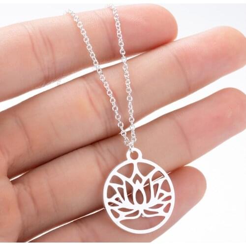 Fashion Silver Color Stainless Steel Round Hollow Lotus Flower Shaped Pendant Necklace For Women Yoga Prayer Buddhism Jewelry
