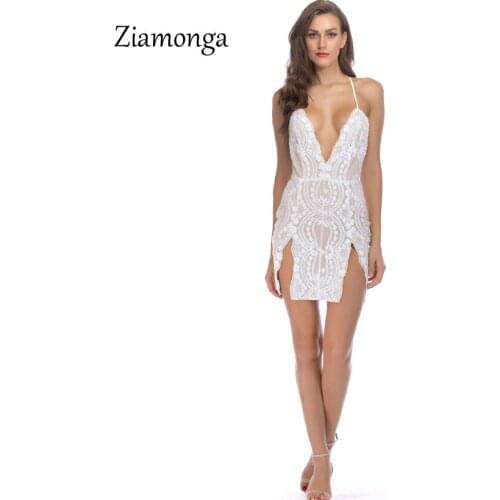 Ziamonga Sexy V Neck Sleeveless Short Dresses Women Party Night Club Mini Sequin Dress Women Side Split Bodycon Ladies Dresses