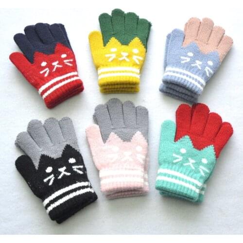 Children aged 5-11 to keep warm in winter plus velvet padded gloves kitty pattern jacquard woolen gloves