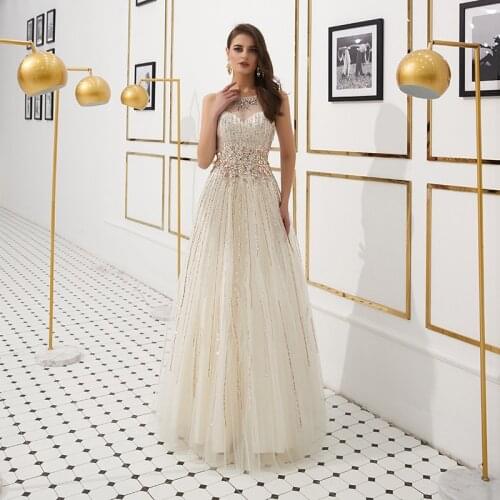 2020 New Arrival A Line Prom Dress Heavy Crystal Beading Sleeves Floor Length Long Party Dresses
