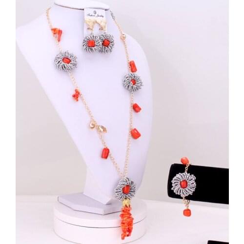 4UJewelry African Necklace Sets For Women Silver and Gold With Coral Beads jewelry Set Earrings Bracelet