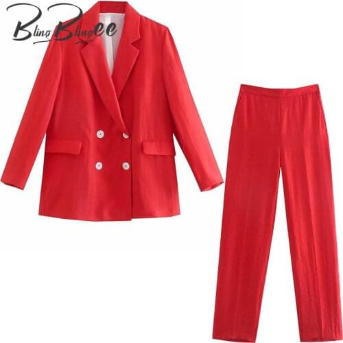 BlingBlingee Za 2021 Autumn Woman Casual Traf Outfits Female Loose Blazers + Straight Pants Suits Office Lady 2 Piece Sets Red