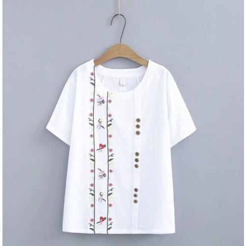 Plus size blouses tunics shirts summer 2021 womens clothing floral Embroidery button white pink red blue Womens t-shirts