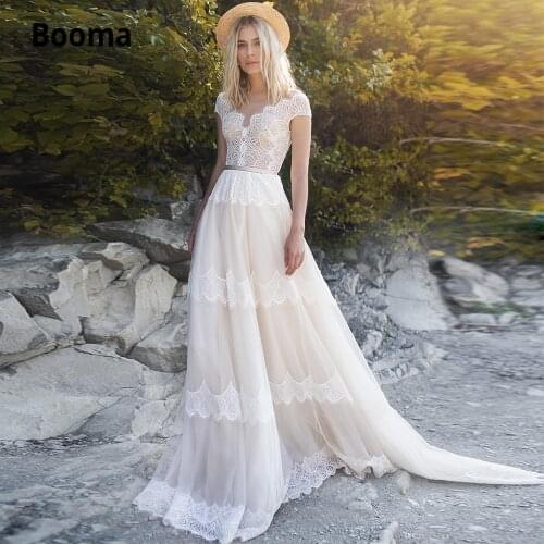 Booma 2020 Bohemian Wedding Dresses Lace Appliqued Cap Sleeve Boho Bridal Gowns A Line Plus Size Tulle Beach Wedding Gowns