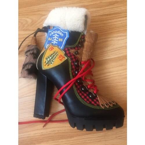Botas Women Motorcycle Ankle Boots Wedges Female Lace Up Platforms Autumn Winter Warm Fur Shoes Woman High Heels