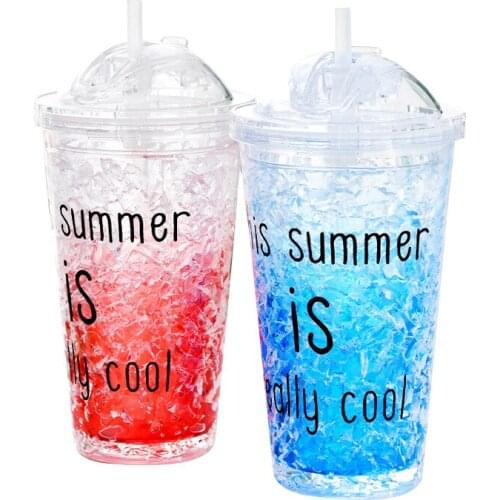 Summer Drinking Bottles Cup Refrigerated Double-layer Plastic Cups With Straw Sliding Closure Summer Gelatin Ice Cup For Drinks