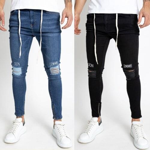 Black Ripped Jeans Mens Fashion Letter Embroidery Stretch Skinny Distressed Jeans Hombre Slim Ankle Zipper Denim Pencil Pants