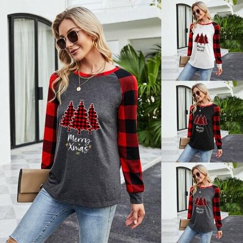 European and American independent station amazon new womens Christmas tree printed leisure long sleeve T-shirt woman tshirts
