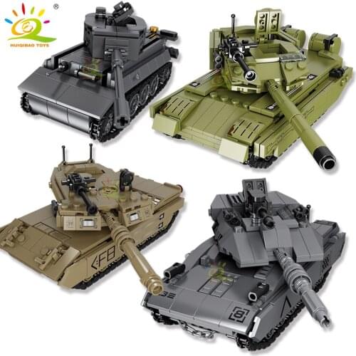 HUIQIBAO Military WW2 Main Battle Tiger Tank Building Blocks with 2 Army Soldier Figures Brick Educational Toys for Children Boy