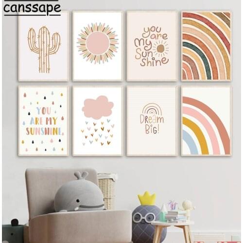 Nordic Wall Art Canvas Painting Sun Rainbow Cloud Prints Bear Poster Cactus Print Nursery Wall Pictures Baby Kids Bedroom Decor