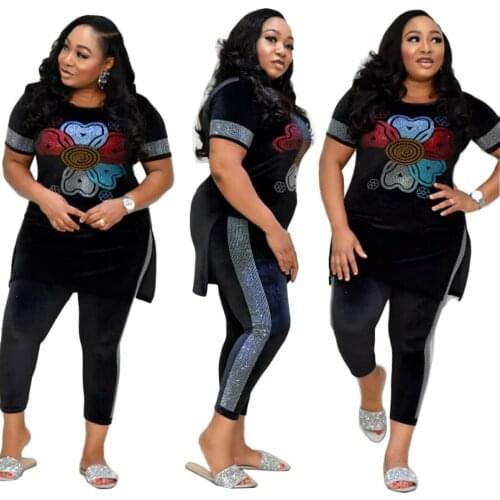 African Womens Fashion Two Piece Casual Suit Pleuche Stretch Hot Rhinestone Split T-shirt Top And Pants Matching Set Tracksuit