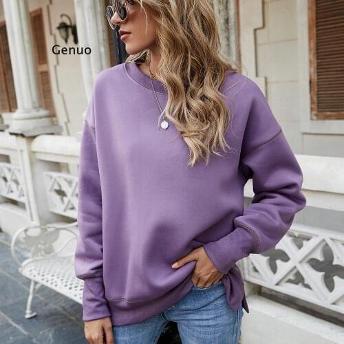 Coat 2021 Autumn Tops European and American Womens Hem Slit Fleece O-Neck Pullover Plus Velvet Padded Sweater Female Jacket