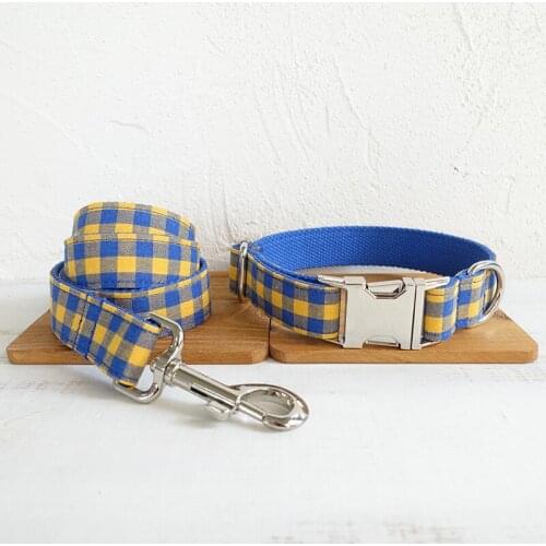 Personalized Blue Yellow Plaid Dog Collar Leash Set Nylon Pet Collar Leash Free Engraved Nameplate For Small Medium Large Dogs