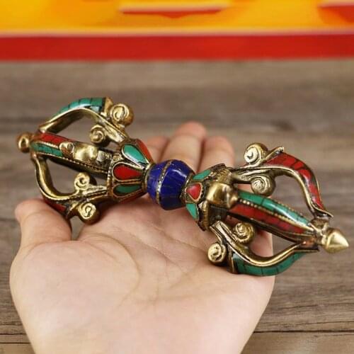 Religious Ritual Buddha Nepalese Handmade Five-strand Diamond Turquoise Konjac Copper Ware Home Decoration Figurines