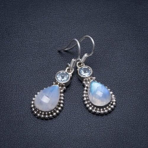 Natural Rainbow Moonstone and Blue Topaz Handmade Boho 925 Sterling Silver Earrings 1 1/2" S1844